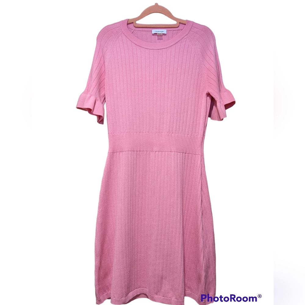 Calvin Klein Sweater Dress Pink SZ M Ruffle Sleeve